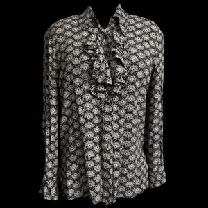 Vintage Black and White Patterned Button Up Ruffle Blouse Size‎ 8